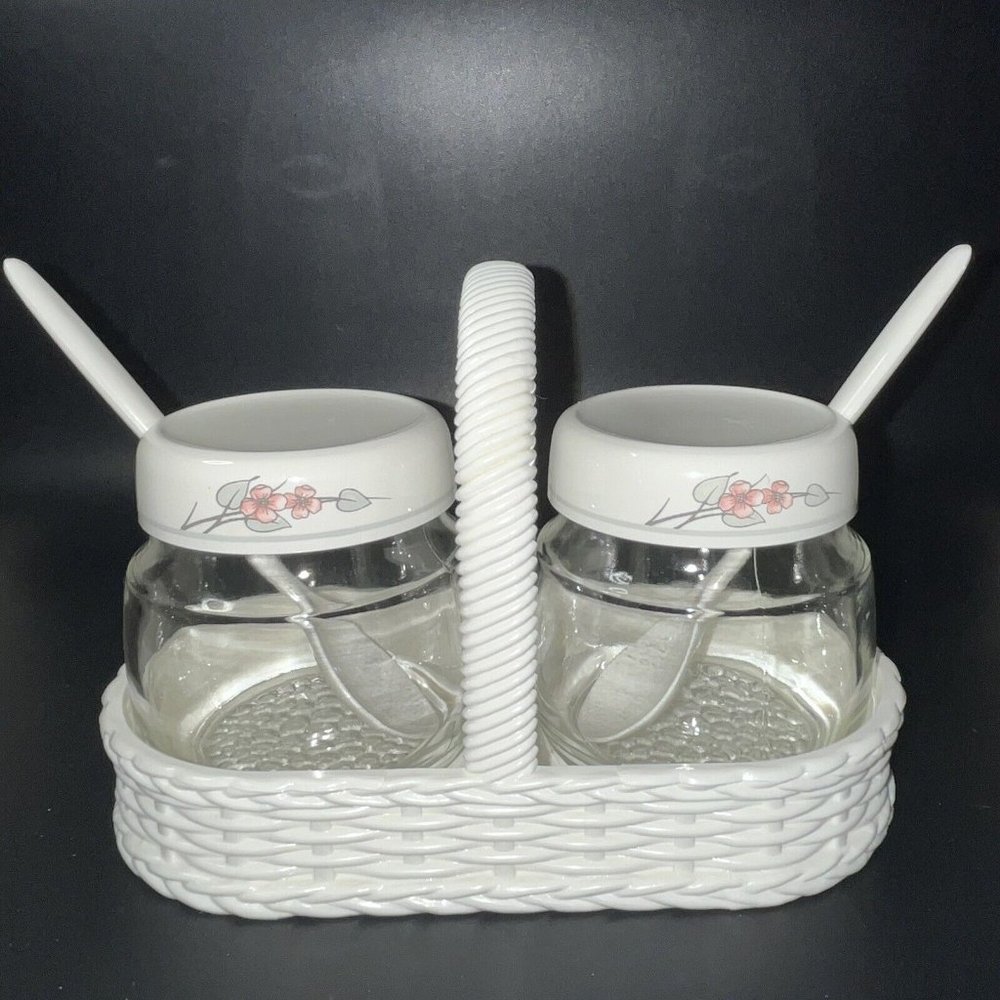 EMSA West Germany  Glass Condiment Jam Jar With Caddy And Spoons White Pink Grey